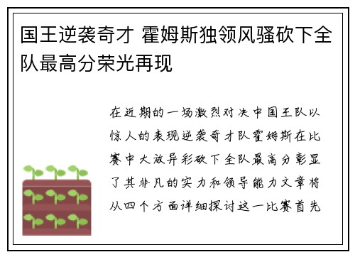 国王逆袭奇才 霍姆斯独领风骚砍下全队最高分荣光再现