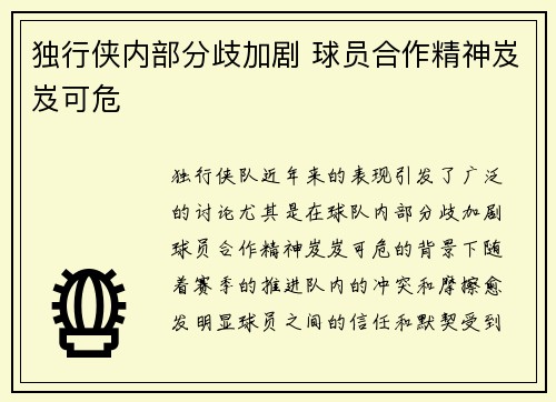 独行侠内部分歧加剧 球员合作精神岌岌可危