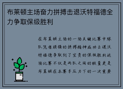 布莱顿主场奋力拼搏击退沃特福德全力争取保级胜利