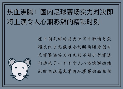 热血沸腾！国内足球赛场实力对决即将上演令人心潮澎湃的精彩时刻