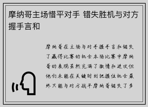 摩纳哥主场惜平对手 错失胜机与对方握手言和