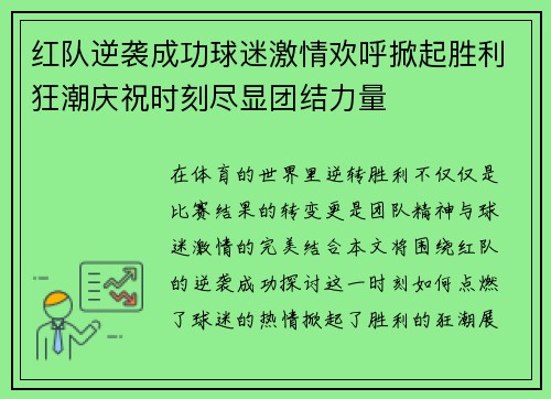 红队逆袭成功球迷激情欢呼掀起胜利狂潮庆祝时刻尽显团结力量