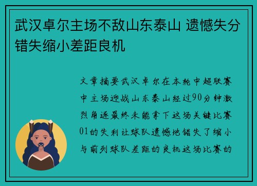 武汉卓尔主场不敌山东泰山 遗憾失分错失缩小差距良机