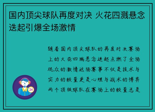 国内顶尖球队再度对决 火花四溅悬念迭起引爆全场激情