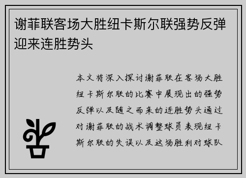 谢菲联客场大胜纽卡斯尔联强势反弹迎来连胜势头