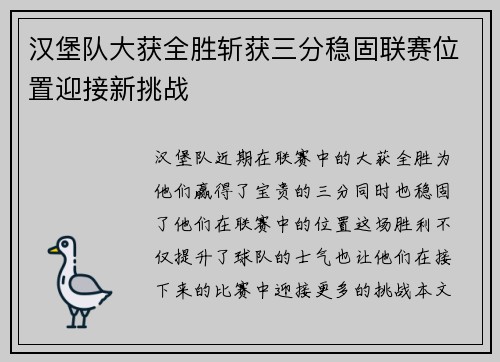 汉堡队大获全胜斩获三分稳固联赛位置迎接新挑战