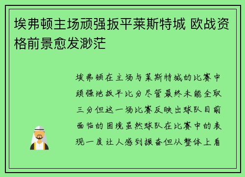 埃弗顿主场顽强扳平莱斯特城 欧战资格前景愈发渺茫