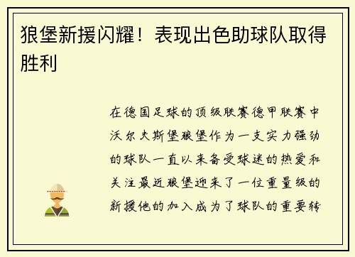 狼堡新援闪耀！表现出色助球队取得胜利