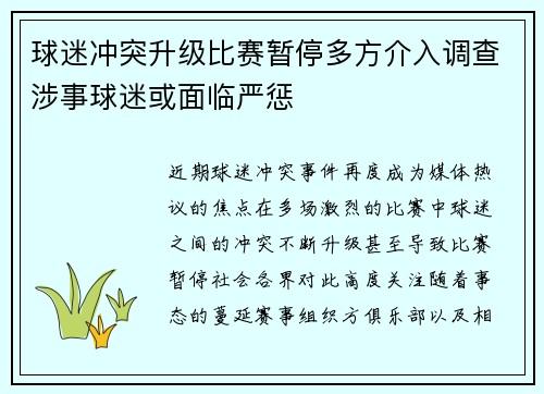 球迷冲突升级比赛暂停多方介入调查涉事球迷或面临严惩