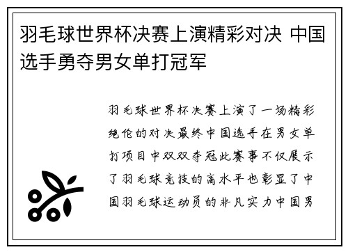 羽毛球世界杯决赛上演精彩对决 中国选手勇夺男女单打冠军